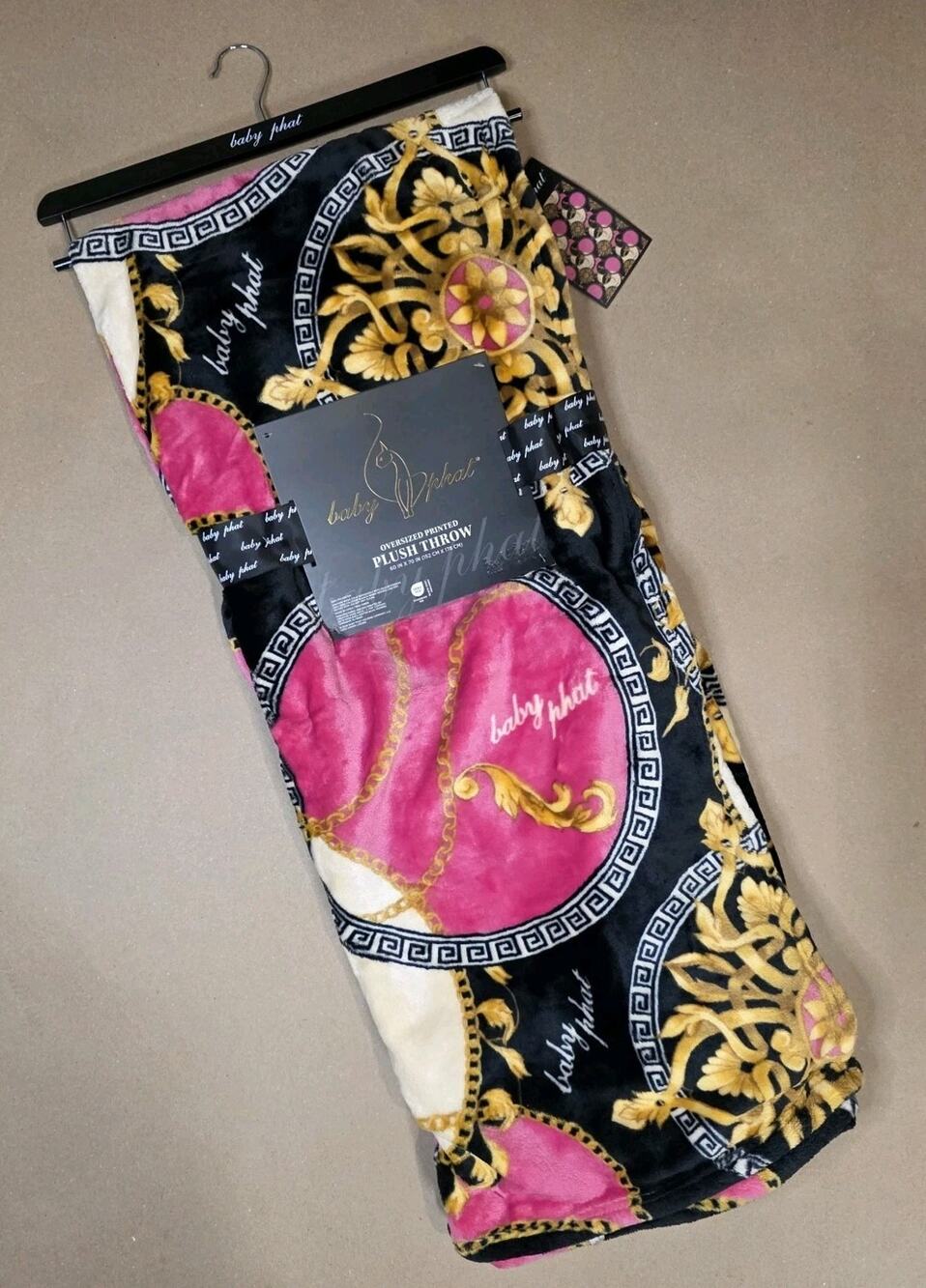 Baby Phat Black Gold Pink Baroque Chain Medal Print Throw Blanket 60x70 Y2K NEW